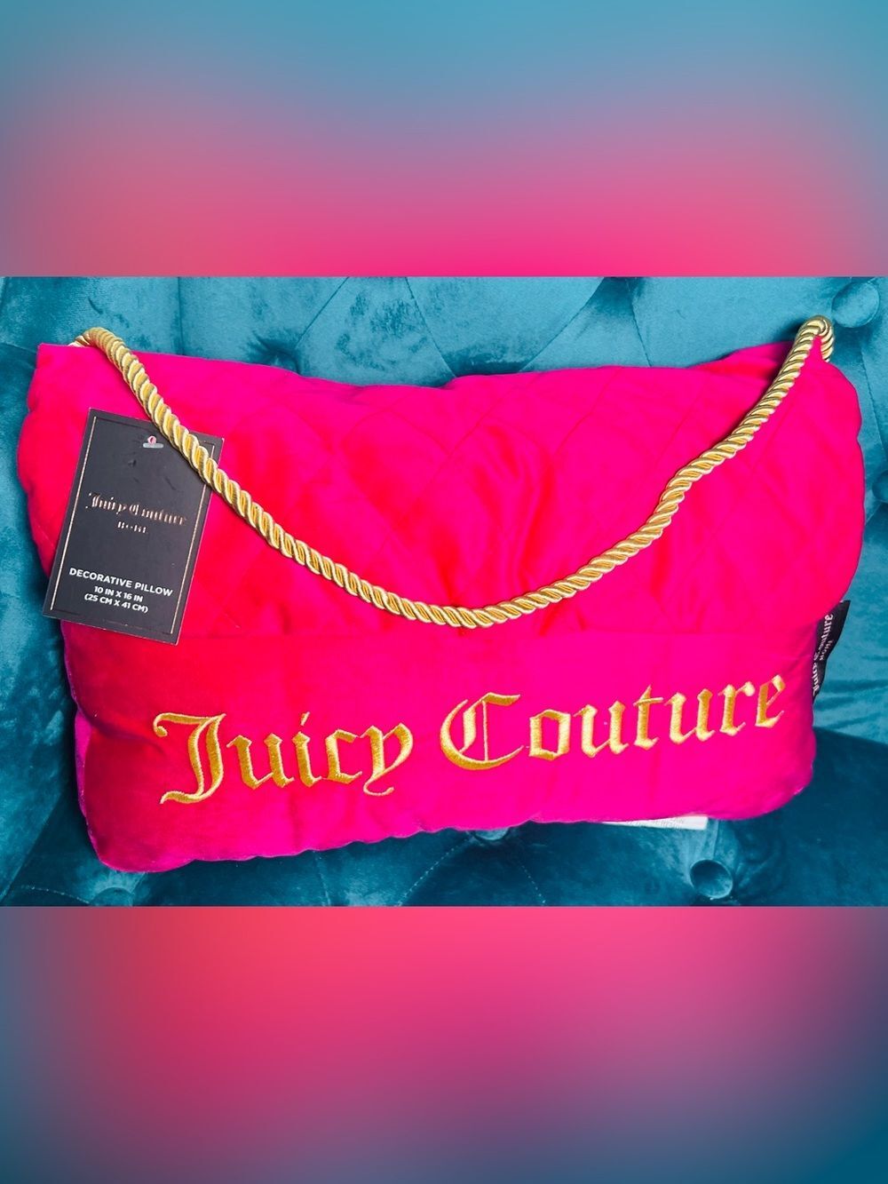 Juicy Couture Hot Pink w/Gold Rope & Embroidered Logo Purse Style Pillow NWT - Picture 1 of 8